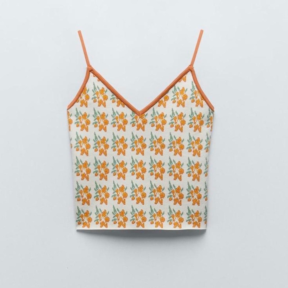 Zara orange green white floral jacquard crop knit tank top sweater